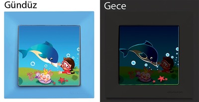 Schalter mit Delfin Motiv (beleuchtet) und Rahmen in Hell Blau (CANDELA Kinder)