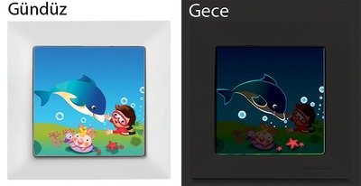 Schalter mit Delfin Motiv (beleuchtet) und Rahmen in Weiß (CANDELA Kinder)