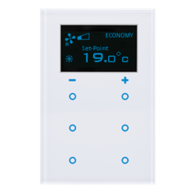 Weißer KNX Glastaster mit Display, Temperatursensor, Thermostat, Busankoppler · 6 frei belegbare Tasten