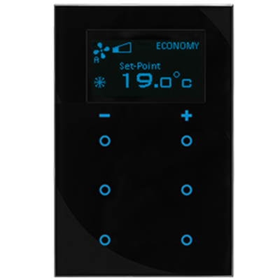 Schwarzer KNX Glastaster mit Display, Temperatursensor, Thermostat, Busankoppler · 6 frei belegbare Tasten