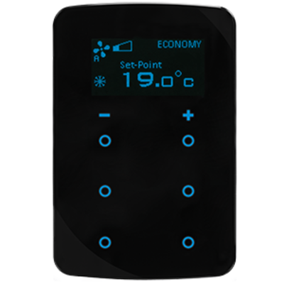 Schwarzer KNX Glastaster mit Display, Temperatursensor, Thermostat, Busankoppler · 6 frei belegbare Tasten