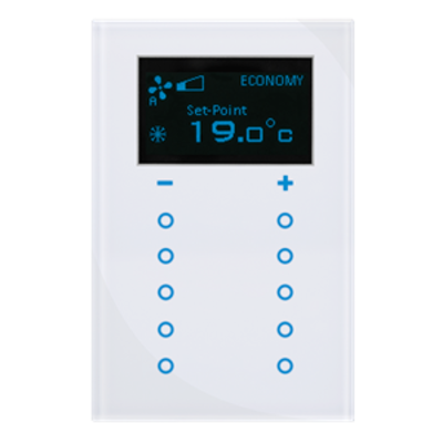Weißer KNX Glastaster mit Display, Temperatursensor, Thermostat, Busankoppler · 10 frei belegbare Tasten