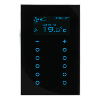 Schwarzer KNX Glastaster mit Display, Temperatursensor, Thermostat, Busankoppler · 10 frei belegbare Tasten